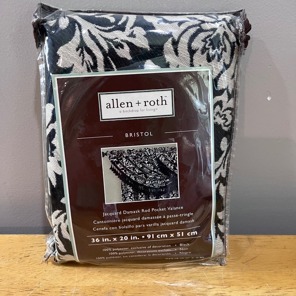 Allen + Roth Bristol Jacquard Damask Rod Pocket Valance Black White‎ 36x20 NEW